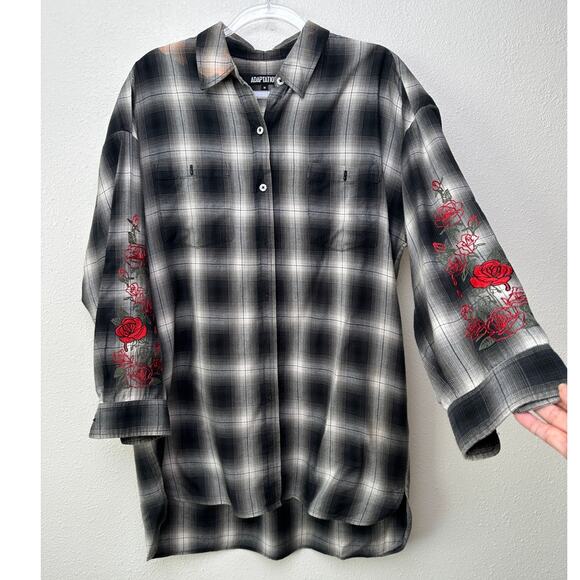 Adaptation Tops - Adaptation Rose Embroidered Plaid Longline Shirt Dress Black White M